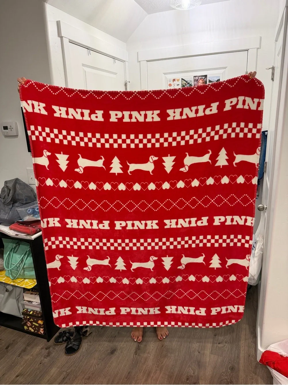 PINK Victoria's Secret Red & White Dachshund Plush Throw Blanket